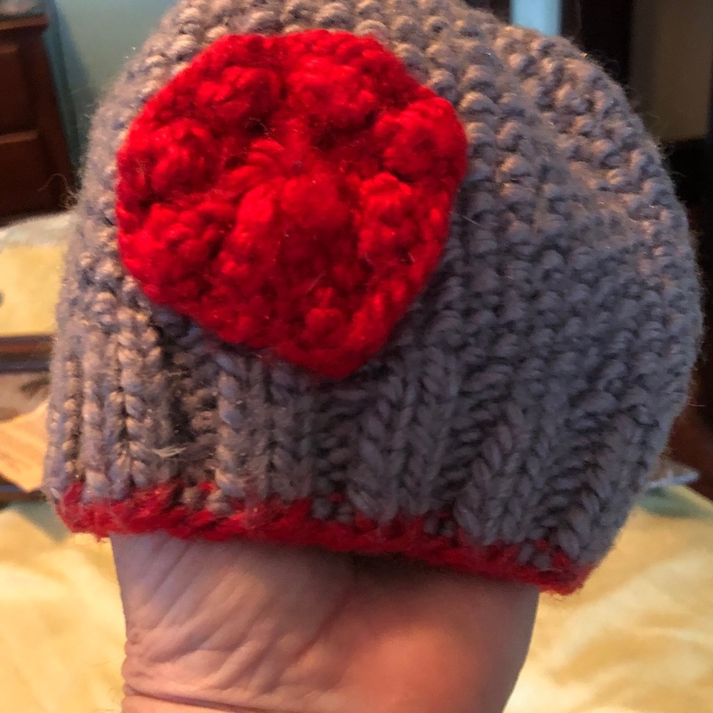 Baby buckeye beanie hat with scarlet flower and edging/ grey body